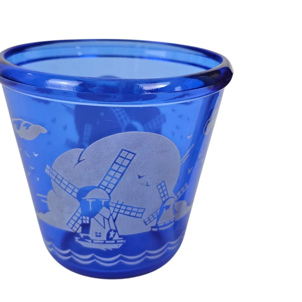VTG Hazel Atlas cobalt blue glass ice bucket windmills 4.25